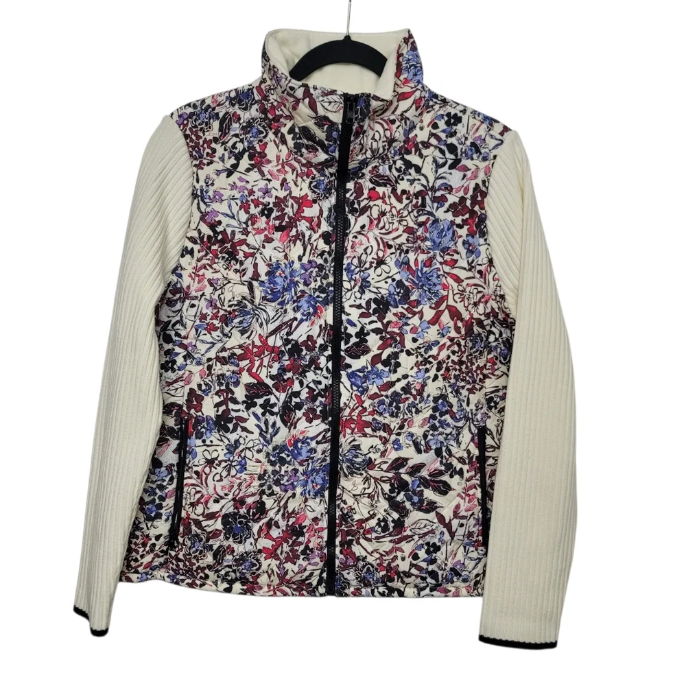 Talbots Quilted Mixed Media Jacket Blue Red Watercolor Garden - Picture 5 of 13